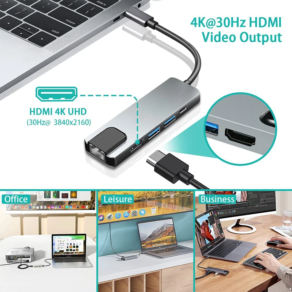 5 In 1 USB C Hub Type C To 4K HDMI USB3.0 LAN Ethernet Docking Station USB Hub Adapter PD Charging for MacBook Air/Pro Notebook enlarge
