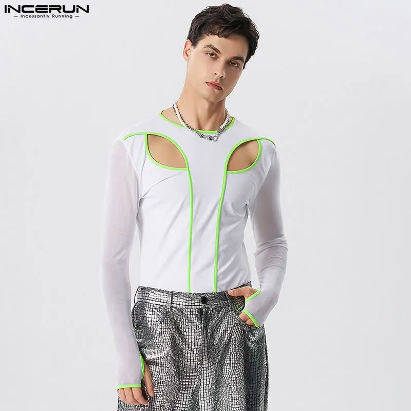 

INCERUN 2023 American Style Men Homewear Hollowed Thimble Jumpsuits Fashion Male Splicing Fluorescent Color Line Bodysuits S-5XL