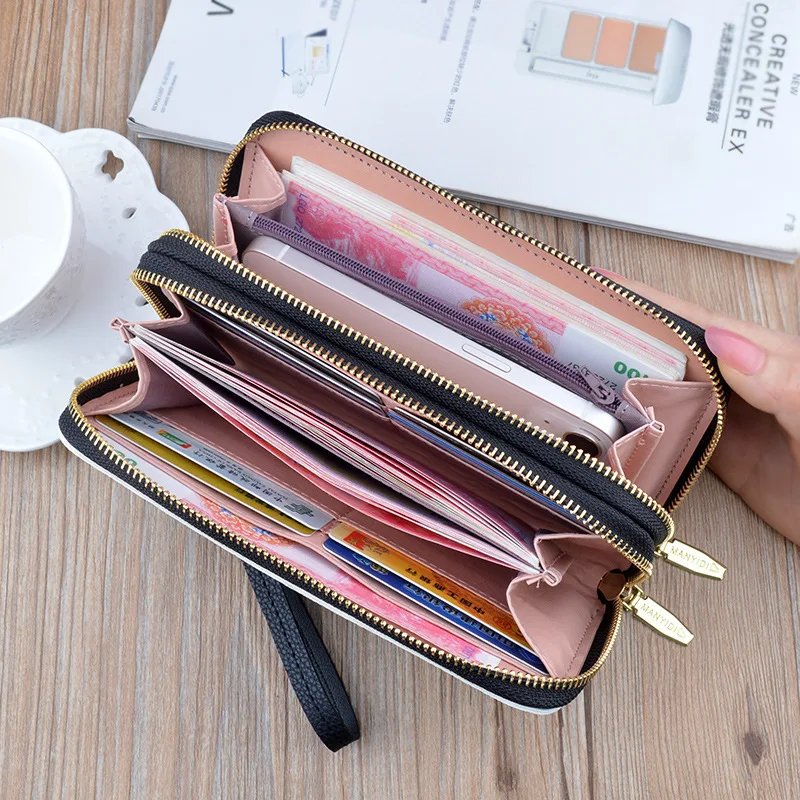 Double Zipper Women Wallet PU Leather Card Holder Long Female Color Matching Lady Cellphone Bag