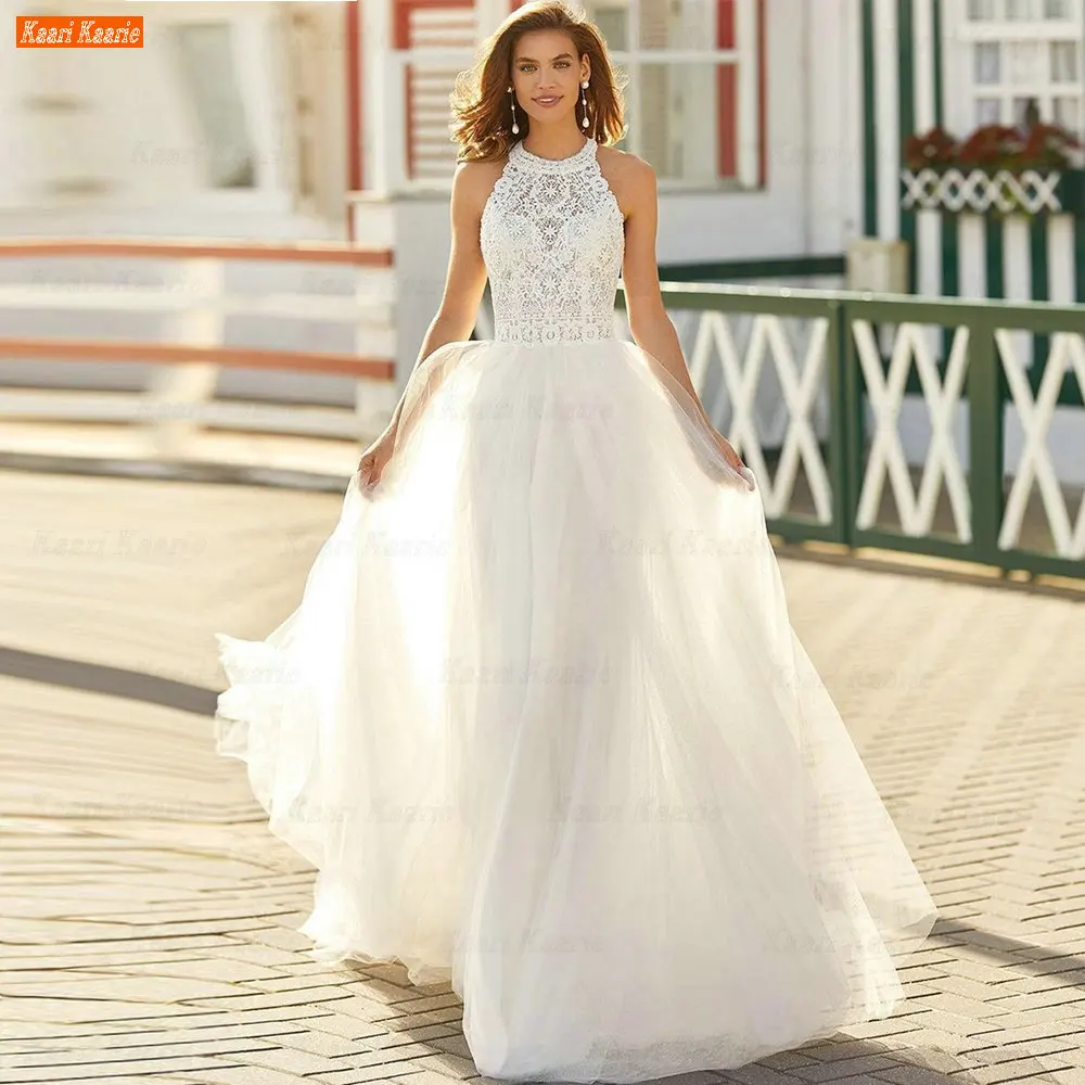 

Sexy Boho O Neck Wedding Dress White 2022 Sleeveless Vestido De Noiva Princesa A Line Bridal Gowns Backless Tulle Abito Da Sposa