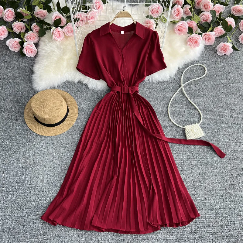 

2022 Summer Dress Women Elegant Fashion French Style New Chiffon Pleated Polyester Casual A-LINE Belt Mid-Calf Turn-down Collar