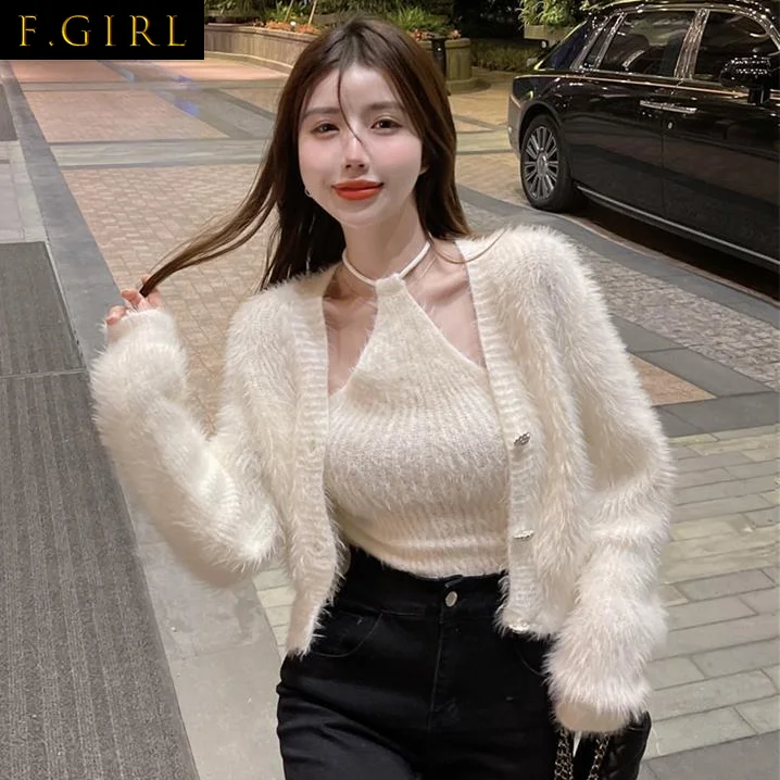 F GIRLS    Mohair Knitted Y2k Two Pieces Set Women 2022 Korean Chic Spring Crop Cardigan + Halter Tops Vest Laides Sexy Outfits