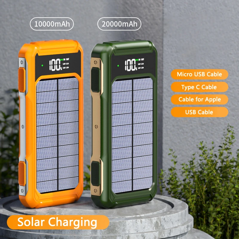 

Solar Power Bank Built in Cable 10000/20000mAh Portable Charger for iPhone 13 Samsung S22 Xiaomi Poverbank with Light Powerbank
