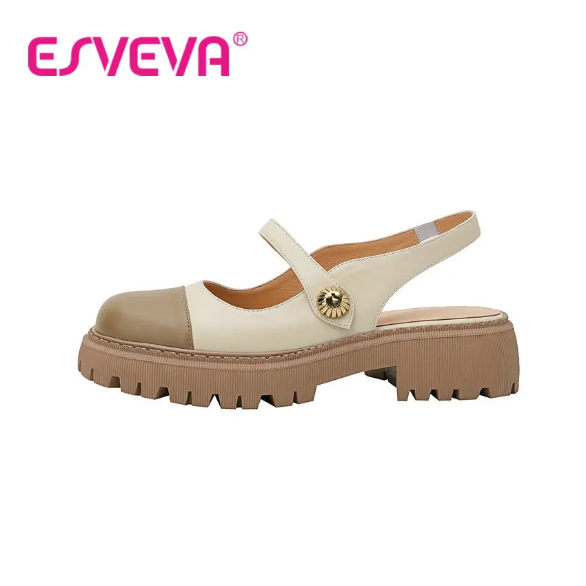 ESVEVA 2022 Mixed Color Round Toe Sandal Cow Leather Sweet Style Fashion Female Shoes Med Heel Women Pumps Big Size 34-39