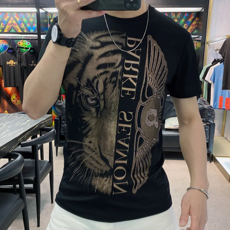 

2022 New High Quality Black Gold Breathable Simple Fashion Brand Tiger Head Printed Round Neck Tshirt Summer Men's Short Sleeve
