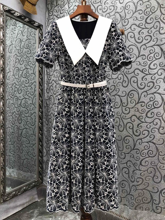 2023 new women fashion short sleeved shirt collar embroidered belt mid-length dress slim dress 0523