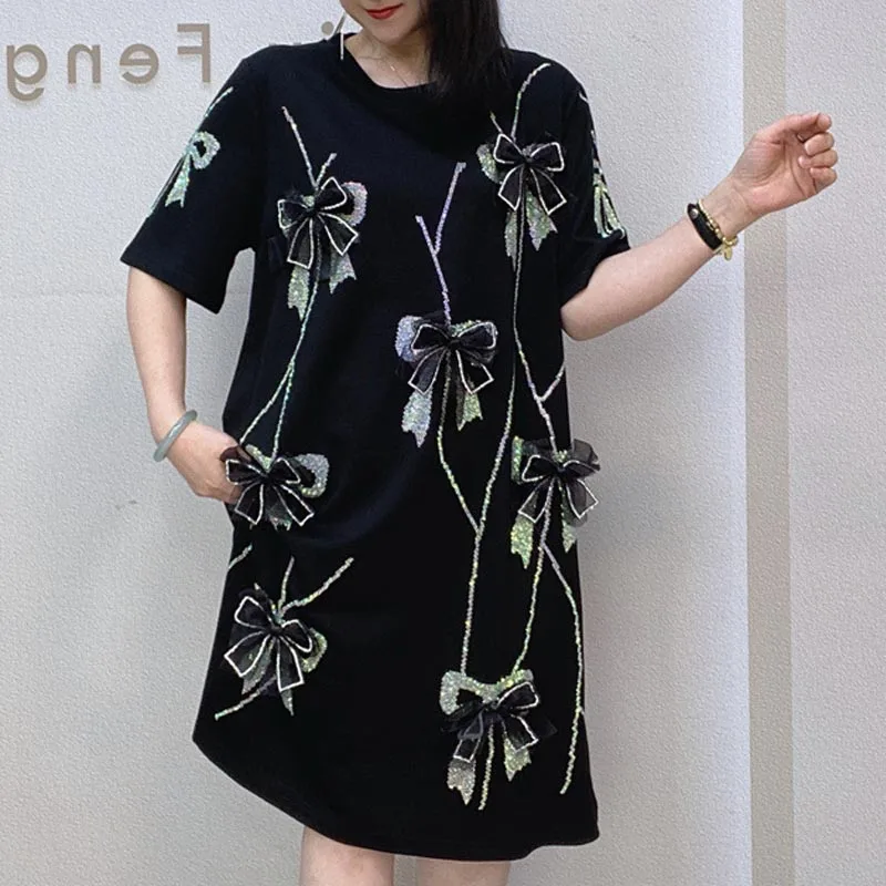 Women's Summer Loose T-shirt Dress Colorful Diamonds 3D Bowknot Decor Fashion O-neck Short Sleeve Black One Piece Dresses SY2614