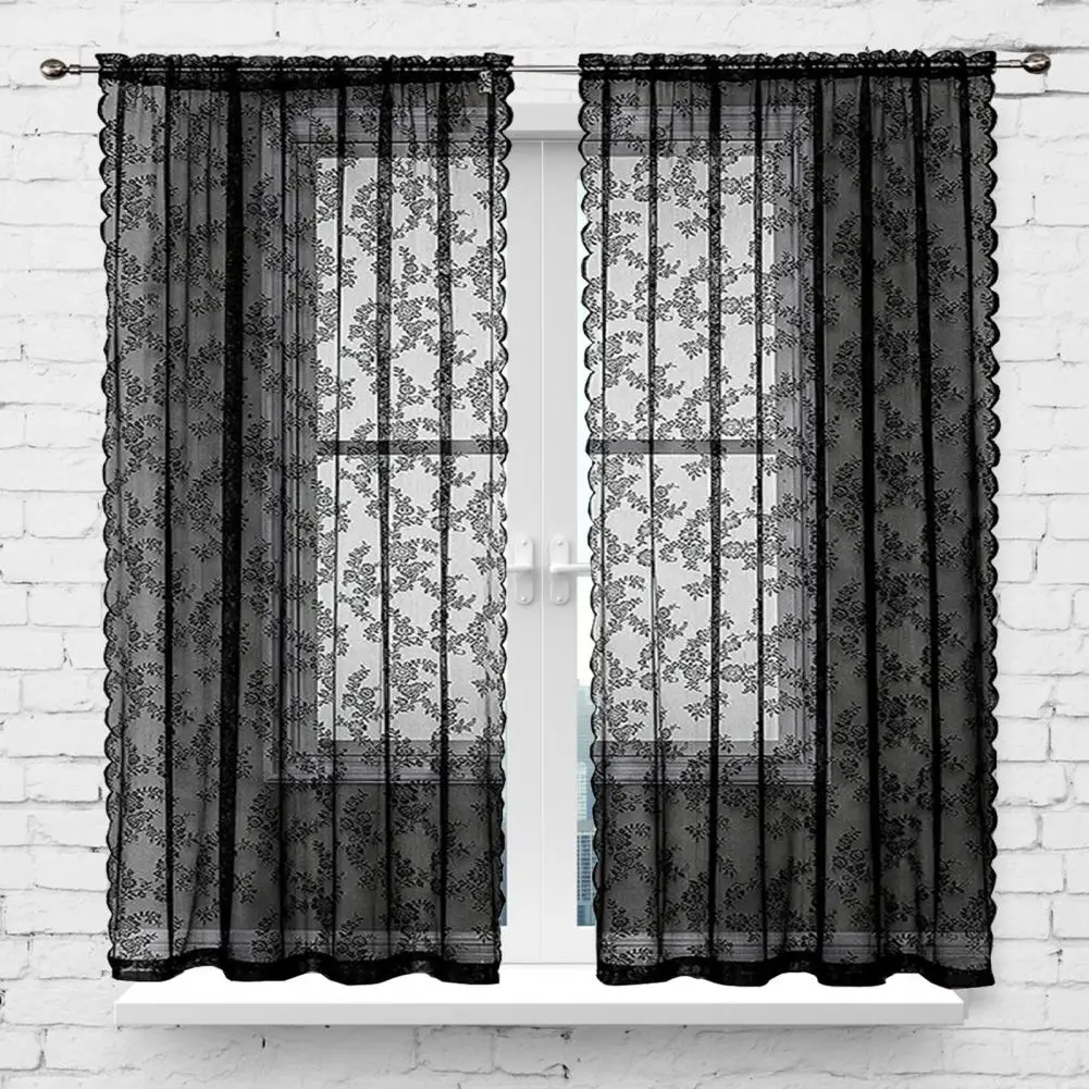 

Lace Curtain Good Air Permeability Sunscreen Extra Soft Dustproof Washable Decorative Tear Resistant Floral Patterned Black Lace