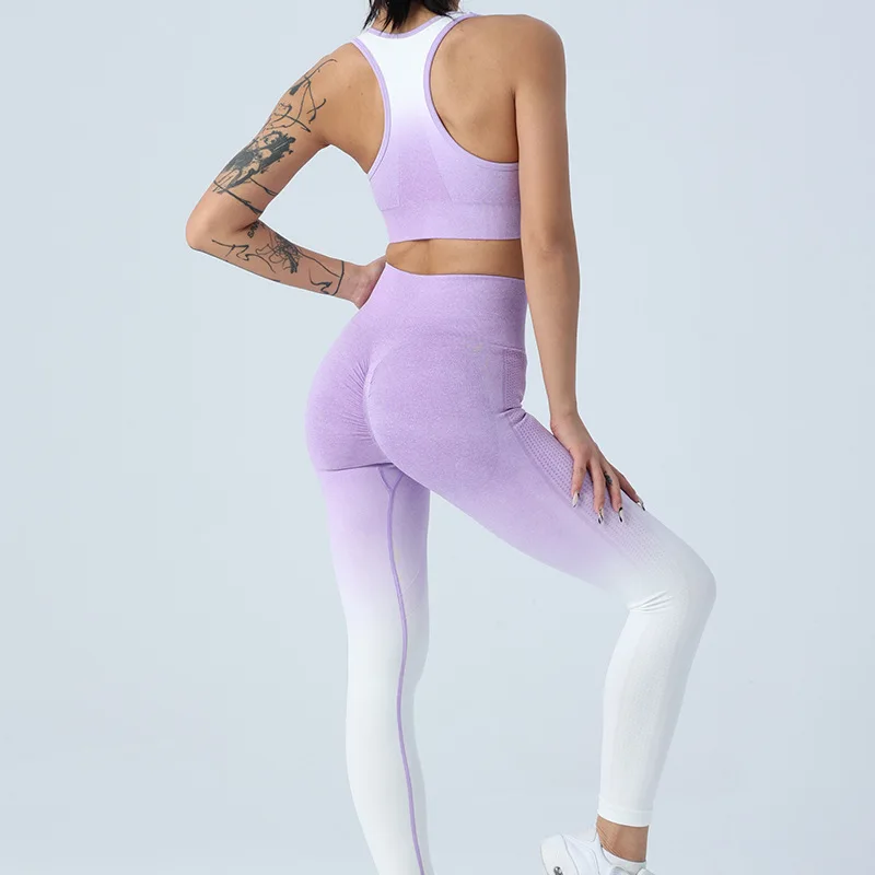 2023 Summer Yoga Set Crop Top Women Leggings Workout 2 Piece Outfits Gradient Color Sport Bra Gym Set Fitness Female Tracksuit