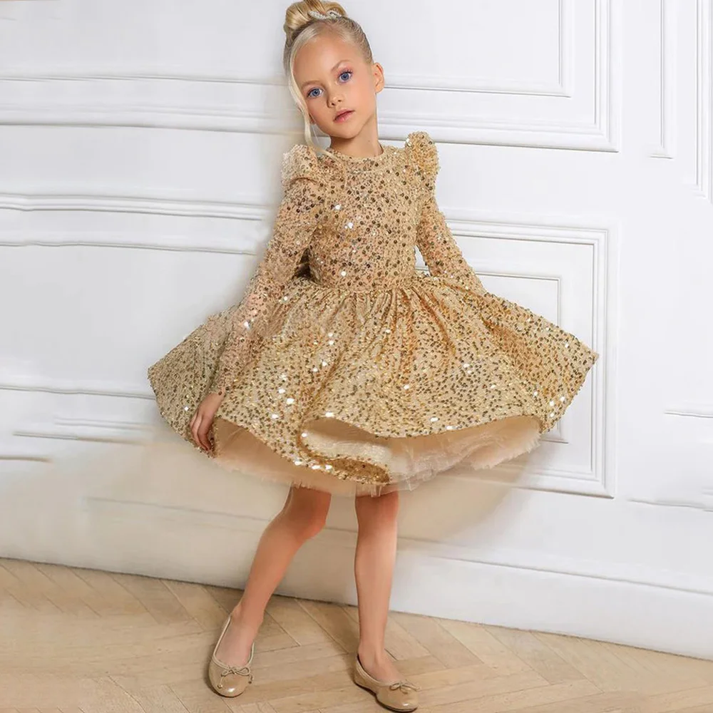 

Платье для девочки с блестками, длинным рукавом и цветочным принтом