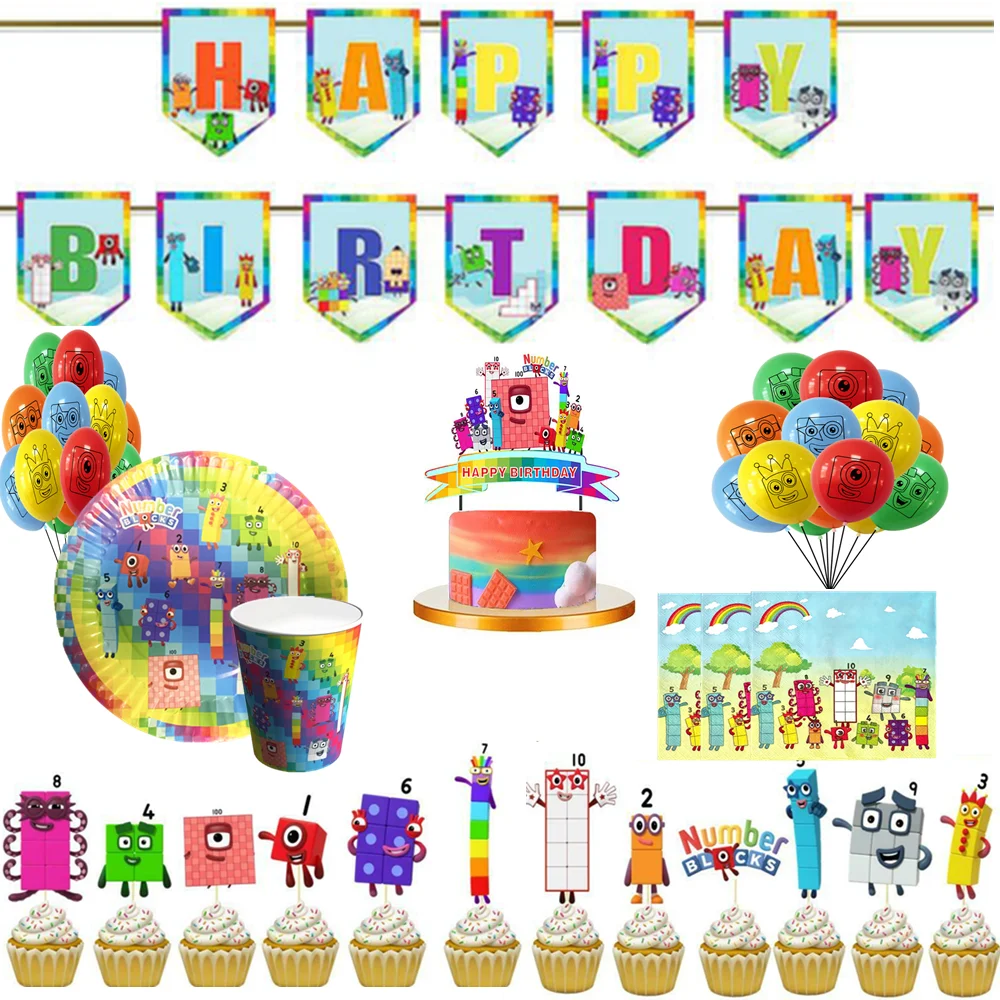 

Numberblocks birthday Disposable decorations Party Tableware Set Balloons Paper Cups paper plates cake toppers kids party