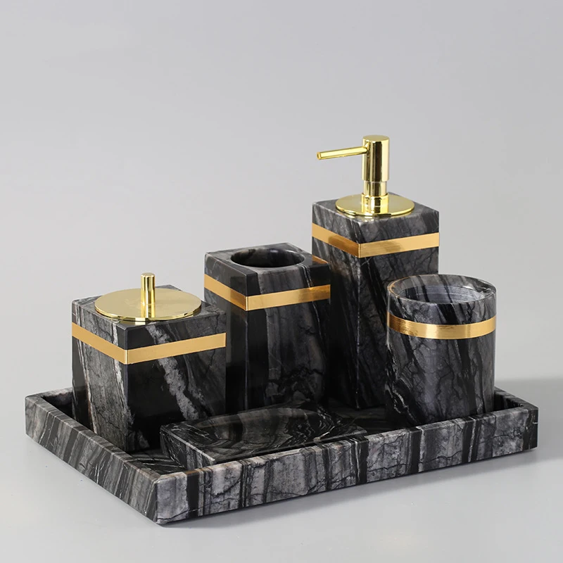 

Ancient Wood Grain Natural Marble Bathroom Kit Luxury Liquid Soap Dispenser Toothbrush Holder Cup Soap Dish Tray Golden