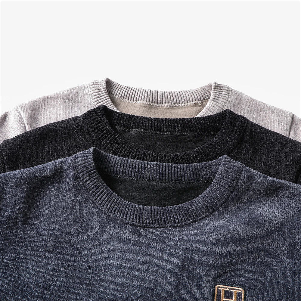 Зимний мужской теплый флисовый свитер с круглым вырезом и вышивкой вязаные