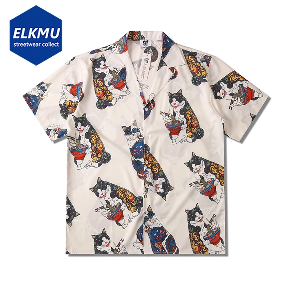 

2022 Men Hip Hop Streetwear Shirt Japanese Harajuku Ukiyoe Smoking Cat Beach Shirt Short Sleeve Aloha Shirt Tops Hawaiian Shirt