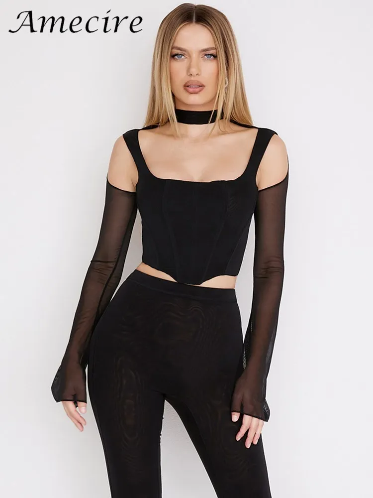 

Amecire Women Chic Cut Out Backless High Quality Summer Mesh Corset Top Party Club Outfits Y2k Chocker Black Blouses Crop Tops