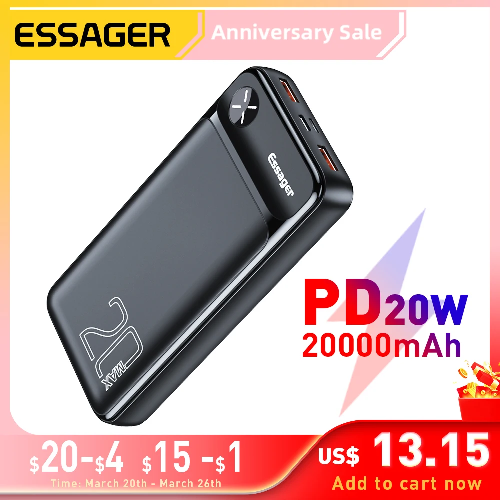 Essager Power Bank 20000mAh External Battery Pack 20000 mAh Powerbank PD 20W Fast Charging Portable Charger For iPhone Poverbank