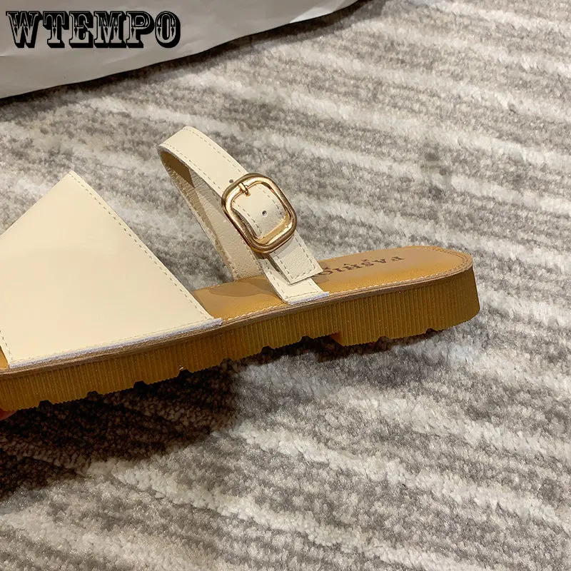 WTEMPO Summer Fashion Slippers Women's Outer Wear Flat Bottom One Word Drag Leather Soft Bottom Anti-slip Sandals Wholesale