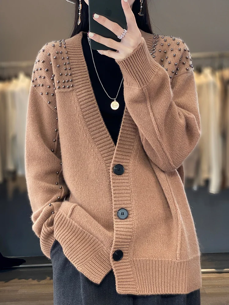 

2023 New Autumn And Winter Women's Clothing 100% Merino Wool Sweater Cardigan V-Neck Commuter Knitted Jacket Top