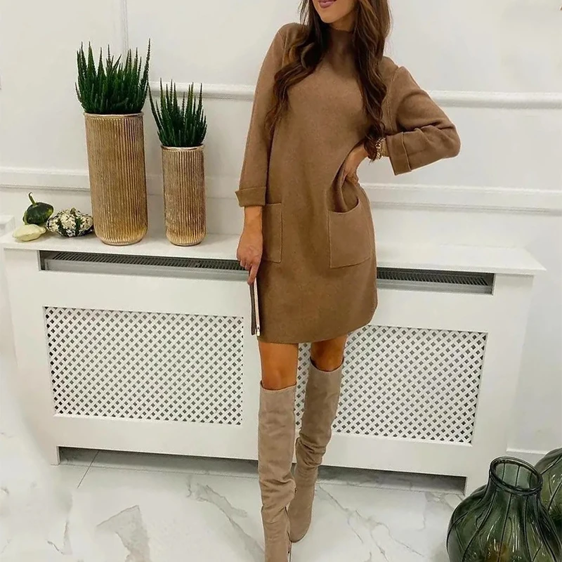 

Women Woolen Casual Green Loose Dress Female Turtleneck Straight Basic Lady Dresses Robe Pockets Streetwear Spring Autumn Mujer