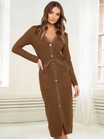 Women's Dress Long Waist Knitted Dress Autumn and Winter Women's Long-sleeved Slim V-neck Single-breasted Dress Sexy Elegant