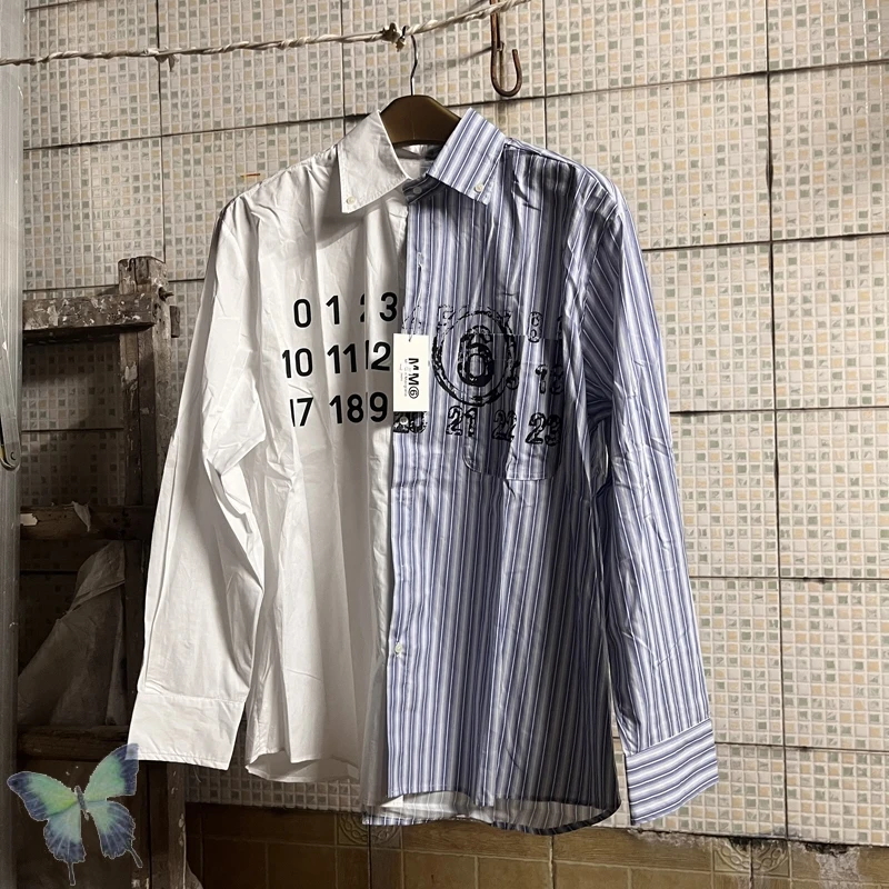 

Funny Street Design MM6 Margiela Long Sleeve Patchwork T-Shirt Single Breasted MM6 Margiela Six Pocket T Shirt Men Women