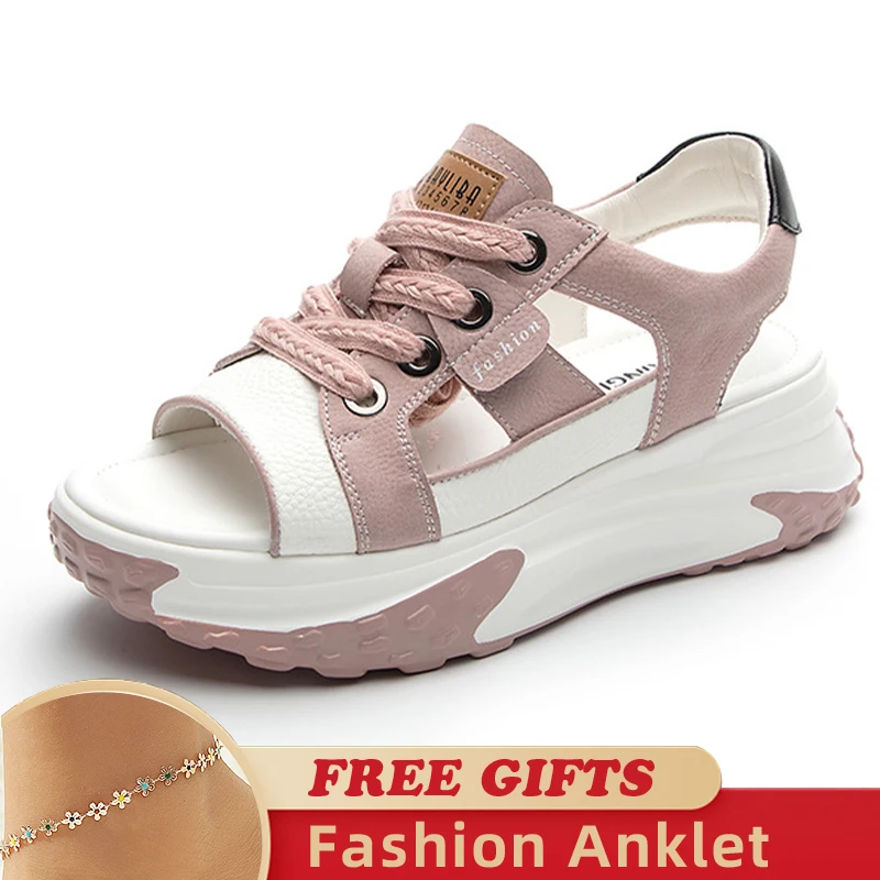 Peep Toe Genuine Leather Comfy Hollow Sandals Breathable Shoes Chunky Sneakers Spring Summer Platform Wedge Women Shoes