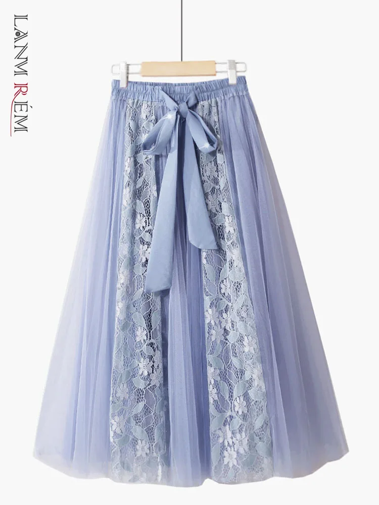

LANMREM Lace Stitching Bow Tie Mid-length Skirt Women A-line Elastic High Waist 2022 Summer Female Fashion Clothing 2I612