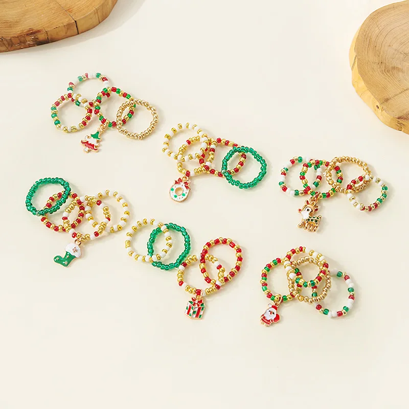 

2022 New Christmas Series Earrings Colorful Contrast Beaded Finger Ring Creative Temperament Ring Girl Jewellery Accessories