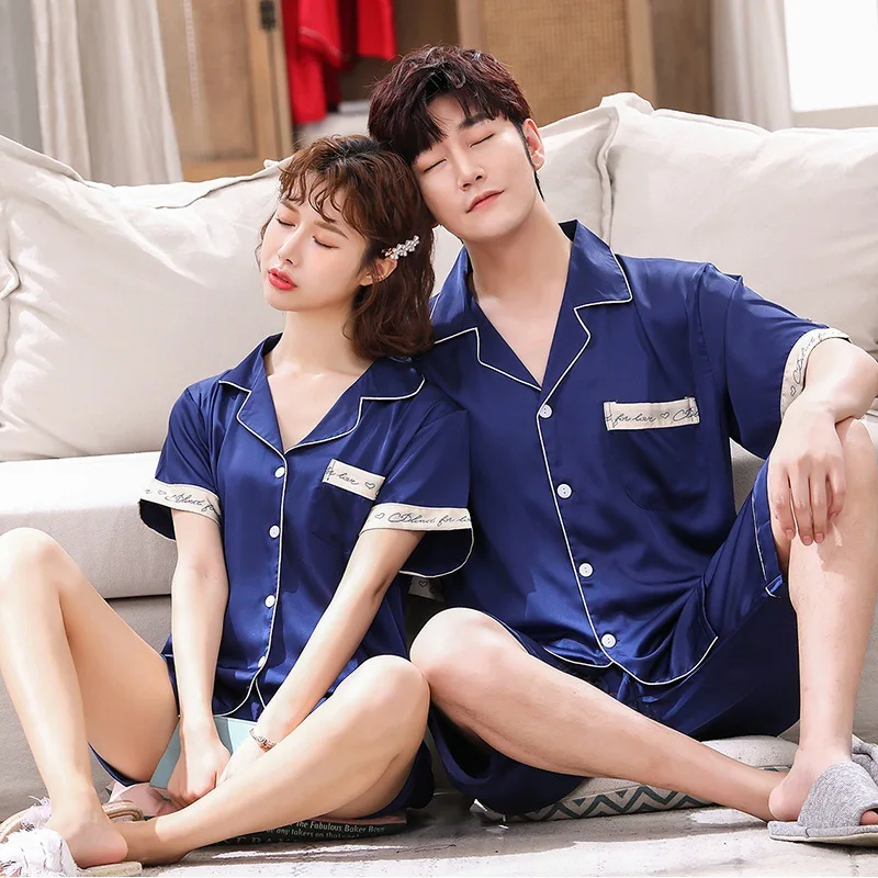 New ice silk couple pajamas Men's spring and summer simulation silk thin pajamas ladies sweet leopard print homewear suit