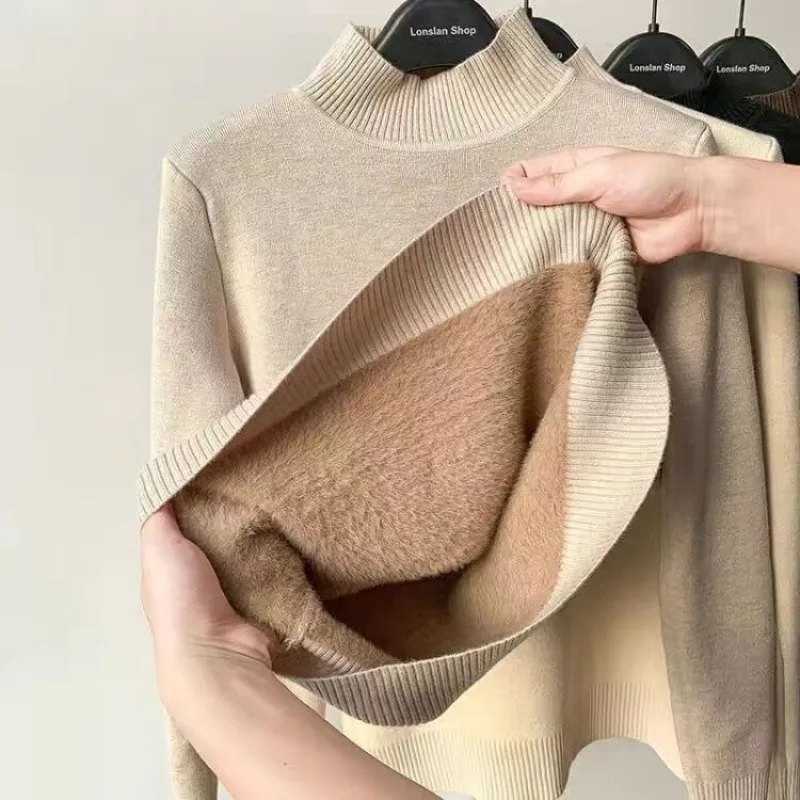 

Half Turtleneck Sweater Women's Winter Sueter Warm Knit Pullover Big Size 4xl Poleras Plush Lined Knitwear Top Thick Slim Swetry