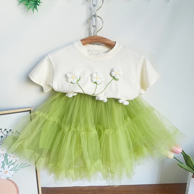 

2023 г. Новый летний костюм футболка с короткими рукавами цветочный узор + сетчатая Юбка Повседневная одежда из 2 предметов детская одежда для От 3 до 7 лет