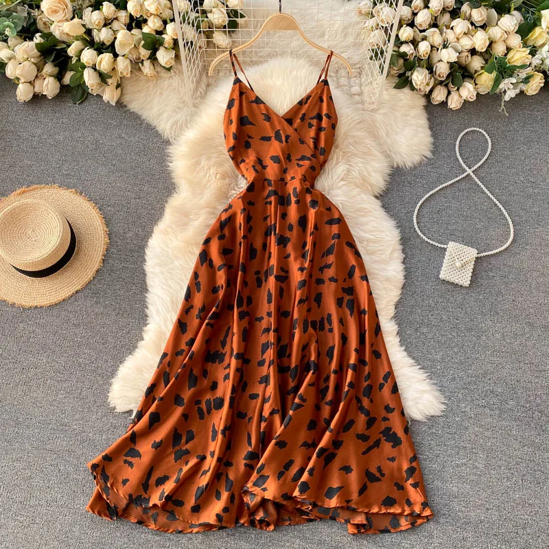 

Fairy Dress Cross V Neck Sexy Off-The-Shoulder Slim Ink Dot Open Back Dress For Women