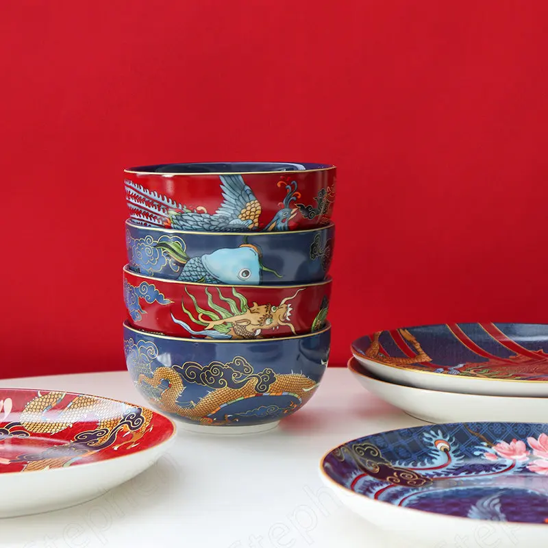 

Color Painting Dragon Phoenix Ceramic Rice Bowl Chinese Classical Dessert Bowl Auspicious Animal Decorative Fruit Salad Bowls