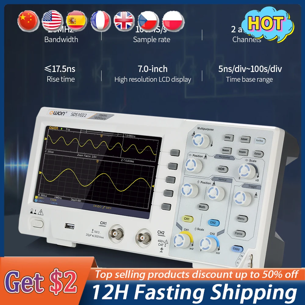 

Owon SDS1022 1GS/s 20MHz Osciloscopio Digital Oscilloscope 2CH 100MS/s Oscillometer Digital Storage Oscilloscope 7in LCD Display