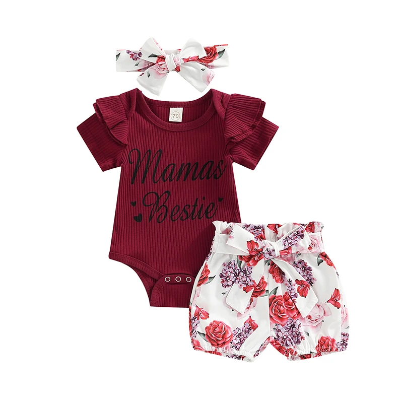 

Cute Newborn Girl Short Pants Outfits Short Sleeve Letter Printed Ruffles Decor Romper Flower Shorts Headband Set Clothing