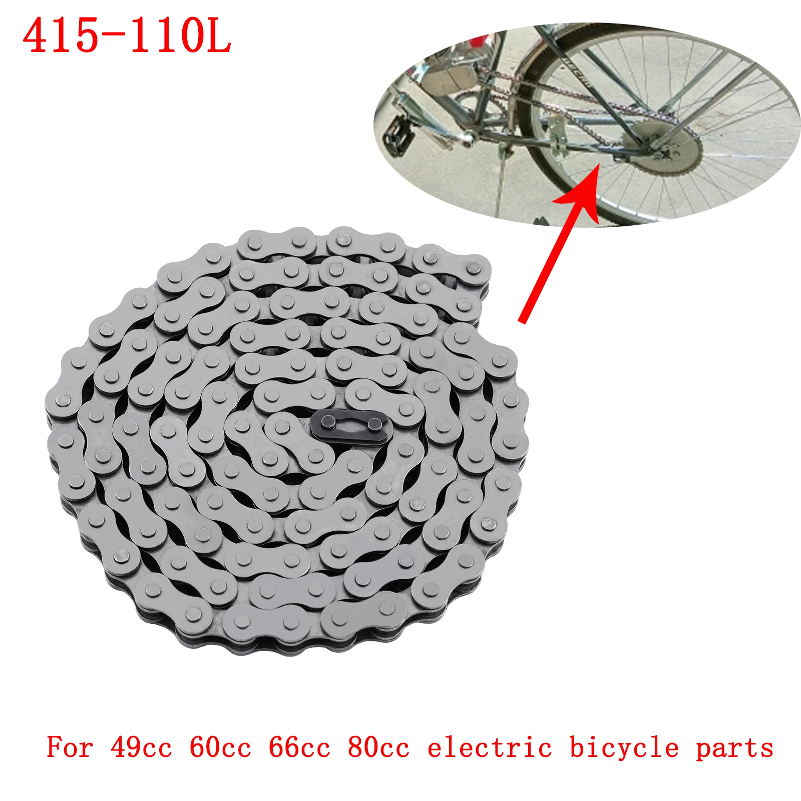 

Honhill 49-80cc Bicycle Chain 415 110 Link For Motorized Electric Motorized Bike Moped Scooter Chain Motorcycle ATV Drive Chain