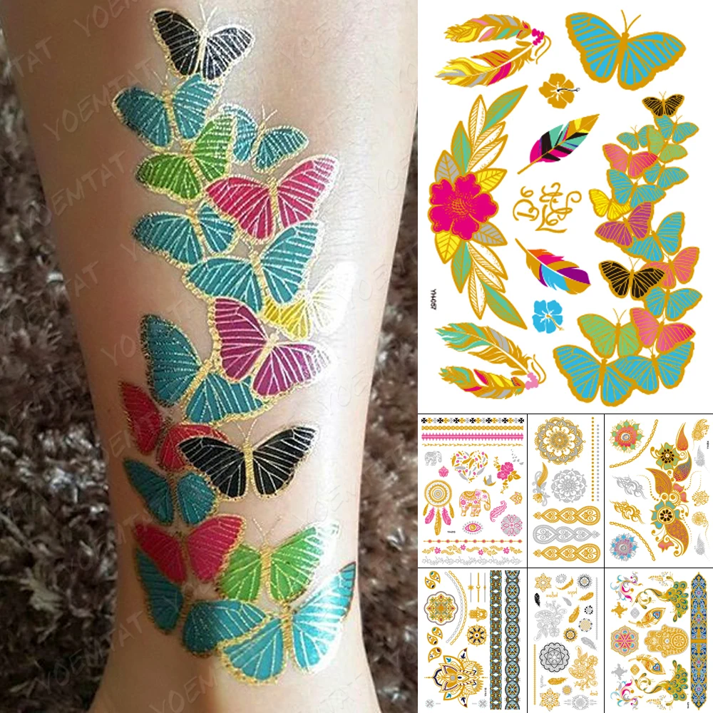 

Waterproof Temporary Tattoo Sticker Color Butterfly Gold Silver Metallic Flash Tatoo Boho Lotus Peacock Jewelry Glitter Body Art