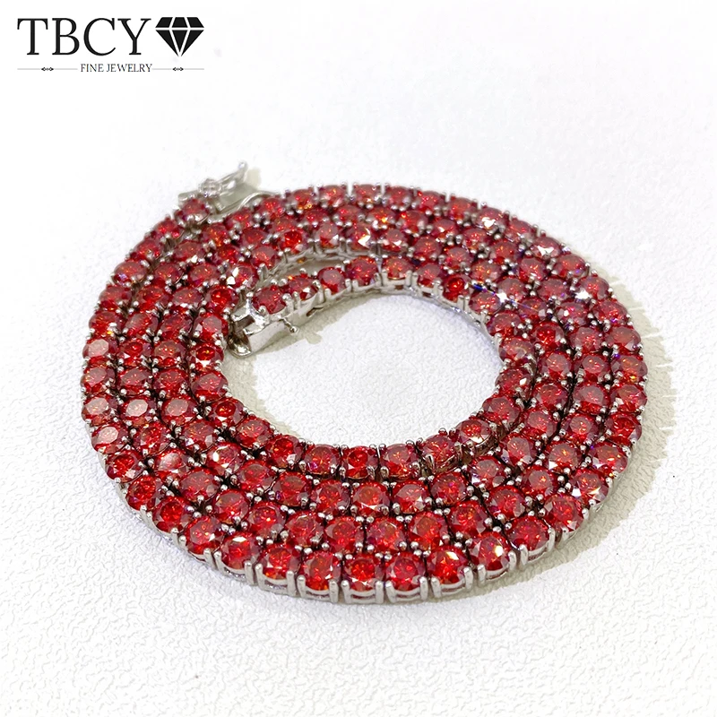 

TBCYD 3MM 4MM Garnet Red Moissanite Tennis Necklace For Women Men GRA Certified S925 Silver Hiphop Fashion Neck Chain Jewelry