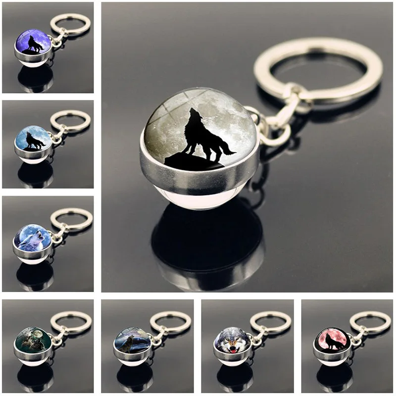 

Glow in the Dark Wolf Key Chain Howling Wolf and Moon Keyring Double Side Glass Ball Keychain Wolf Head Pendant Key Ring Jewelry