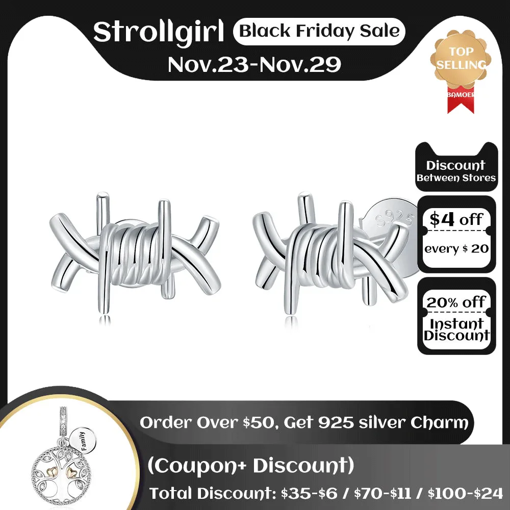 

925 Sterling Silver Simple Barbed Crown of Twist Thorns Wire Stud Earring Tree Branch Thorn Jewelry Gifts for Women Teen Girls