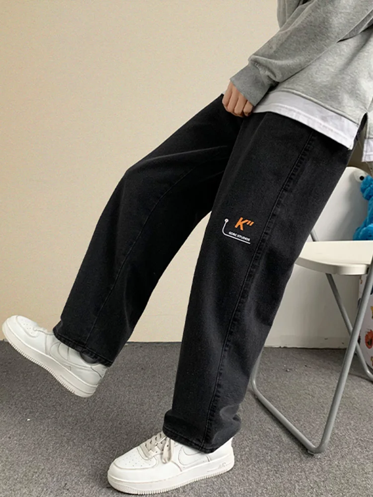 Printed Jeans Loose Fit Straight Leg Daily Casual Y2k Men Fashion Denim Trousers Black Light Blue Vintage Baggy Pants