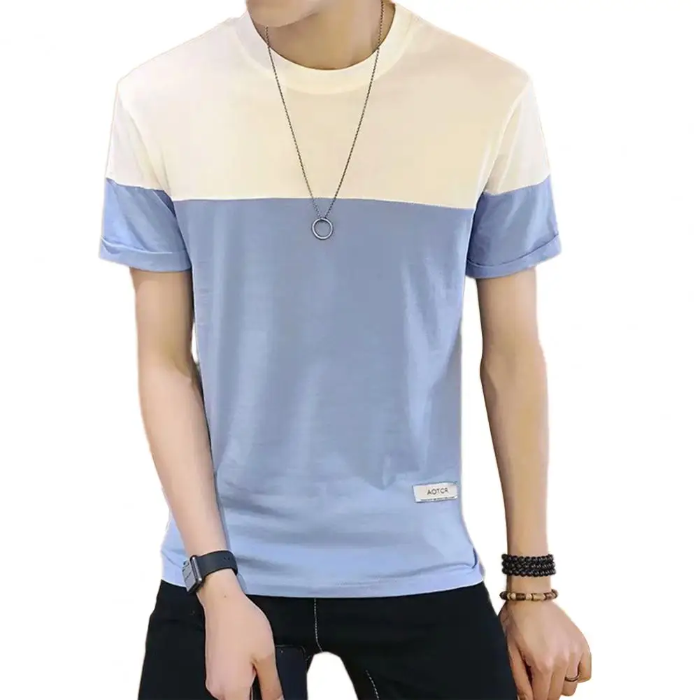 

Men Summer T-shirt Colorblock Round Neck Short Sleeves Loose Mid Length Daily Wear Pullover Casual Patchwork Men Top