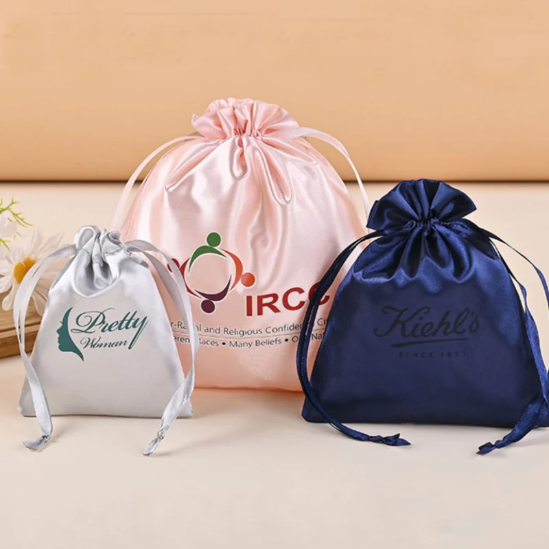Розовые шелковые подарочные пакеты с цветным логотипом на заказ, 8x10 см, 9x12 см, 10x15 см (4x6 дюймов), искусственные волосы