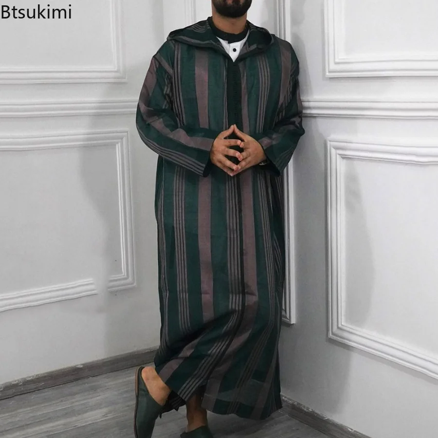 Islamic Kaftan Muslim Fashion Robes Men Casual Striped Printing Long Sleeve Loose Robe Men's Hooded Robes Arabia Thobe Abayas