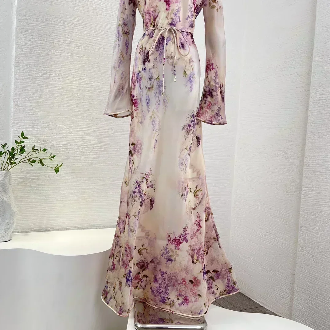 Шелковая органза новые поступления фиолетовое платье с цветочным принтом и