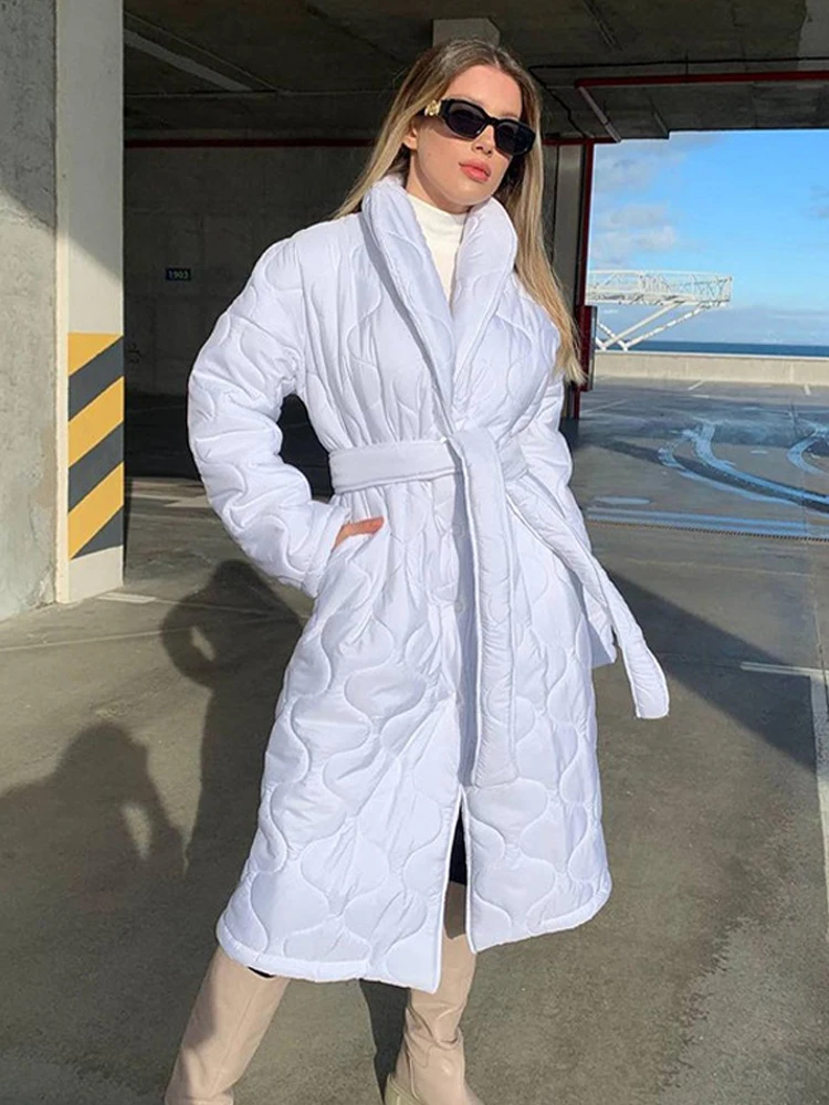 Casual Warm Lace Up Women Overcoat Parkas 2022 Autumn Winter Loose Long Solid Female Jackets Fashion Commuter Coats with Belt