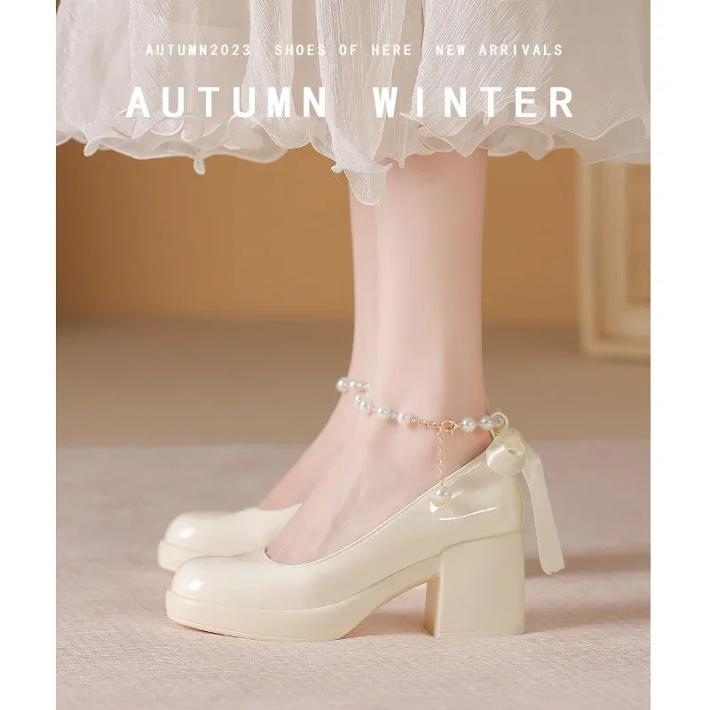 

Сандалии Мэри Джейн на толстом каблуке, туфли с круглым носком, высокий каблук, однотонные туфли, новинка весны, черные