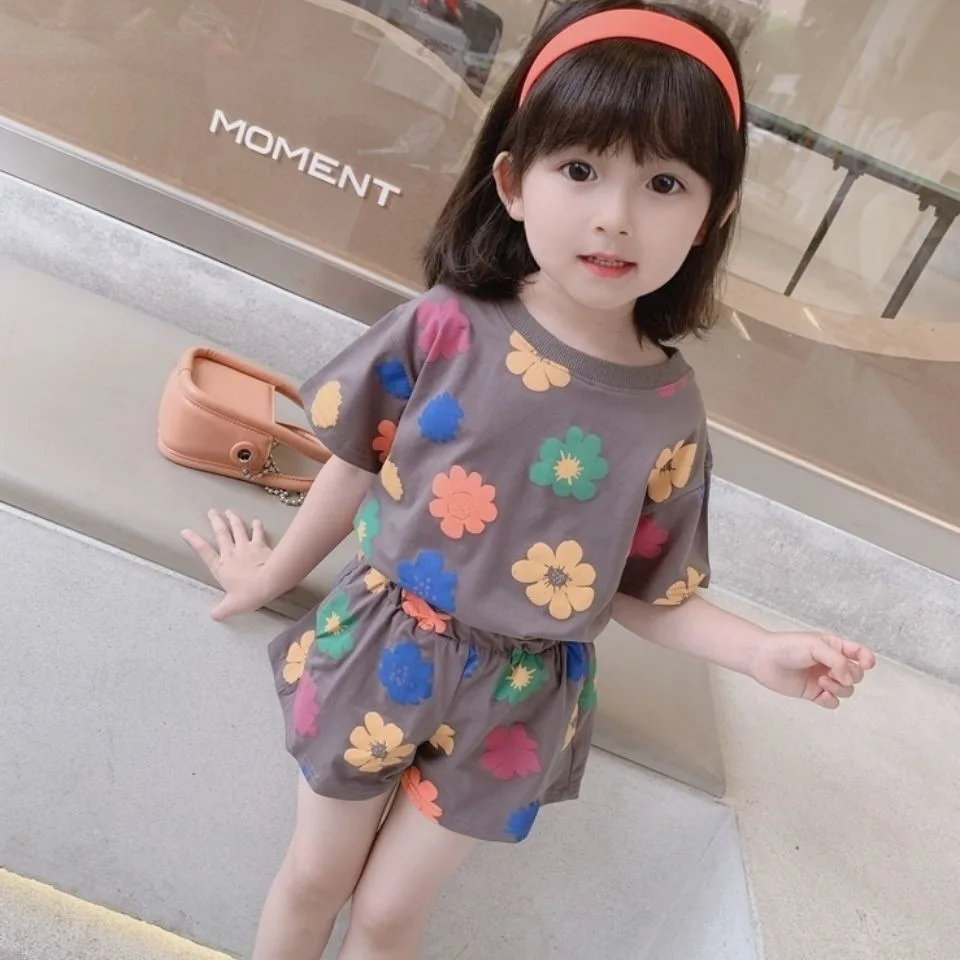 

Summer Short Casual Suit Sleeve Flower 2023 Girl Girls Child Loungewear Clothes Trousers Set Top +shorts Kids Outfits 2pcs