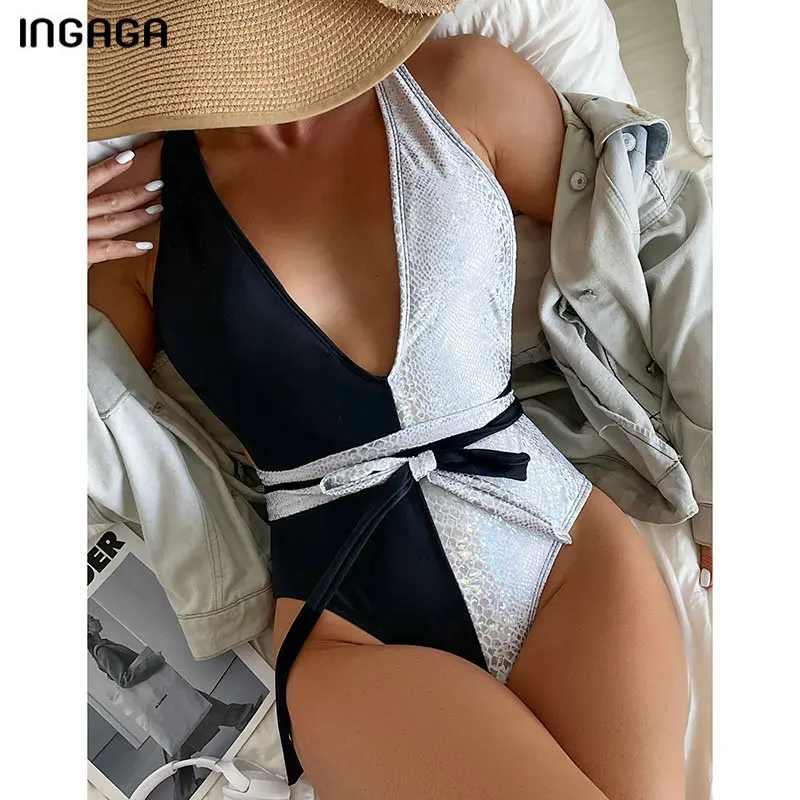 

INGAGA Sexy Plunging One Piece Swimsuit Patchwork Swimwear Women 2022 Belted Bodysuit Backless Bathing Suit Crisscross Beachwear