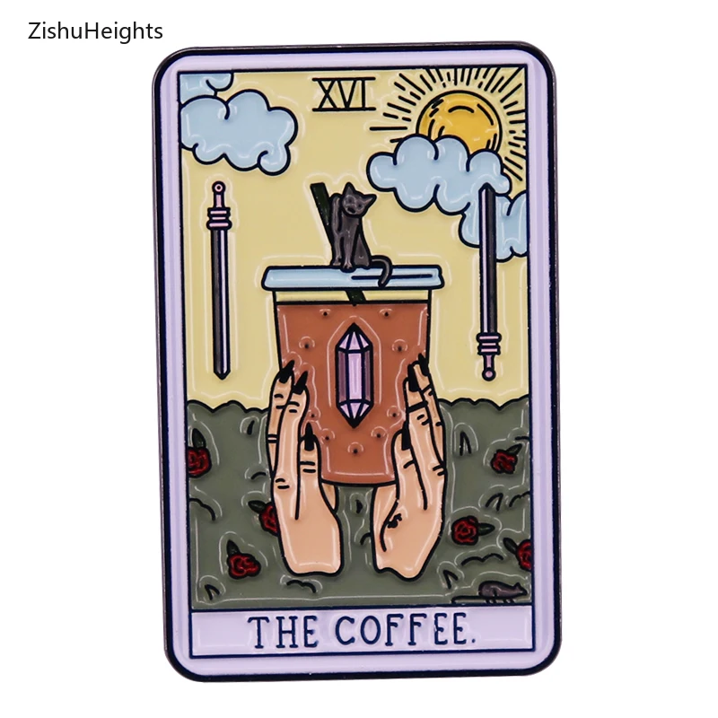 The Coffee Tarot Card Enamel Pin with Mini Cat Badge for Witchy Occult Brooch Backpack Decoration Jewelry